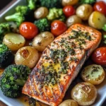 Garlic Butter Salmon with Roasted Veggies & Baby Potatoes
