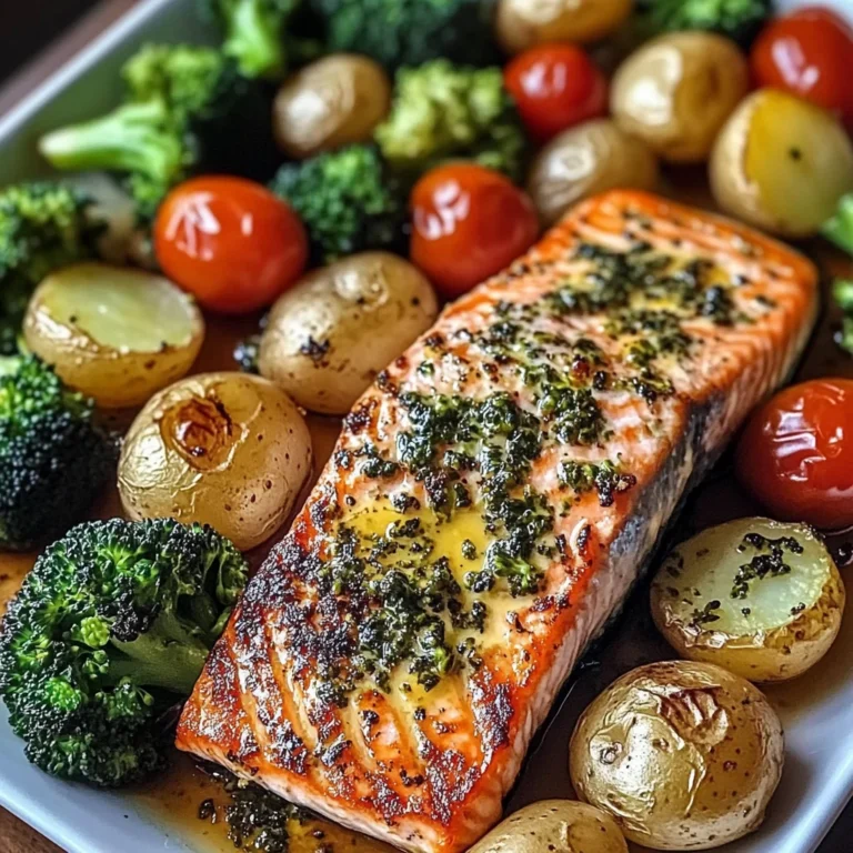 Garlic Butter Salmon with Roasted Veggies & Baby Potatoes