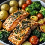 Garlic Butter Salmon with Roasted Veggies & Baby Potatoes