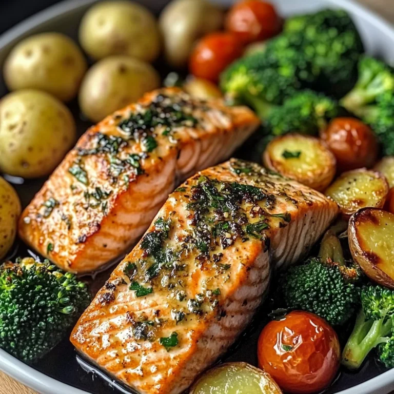 Garlic Butter Salmon with Roasted Veggies & Baby Potatoes
