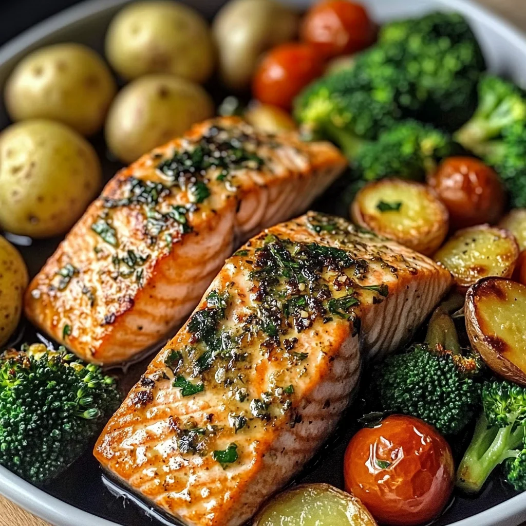 Garlic Butter Salmon with Roasted Veggies & Baby Potatoes