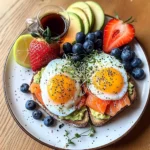 Smoked Salmon & Egg Avocado Toast Plate with Fresh Fruit & Tea