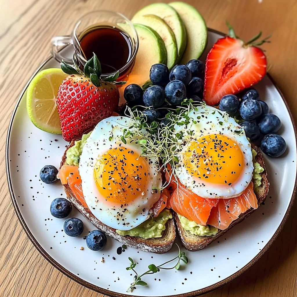 Smoked Salmon & Egg Avocado Toast Plate with Fresh Fruit & Tea