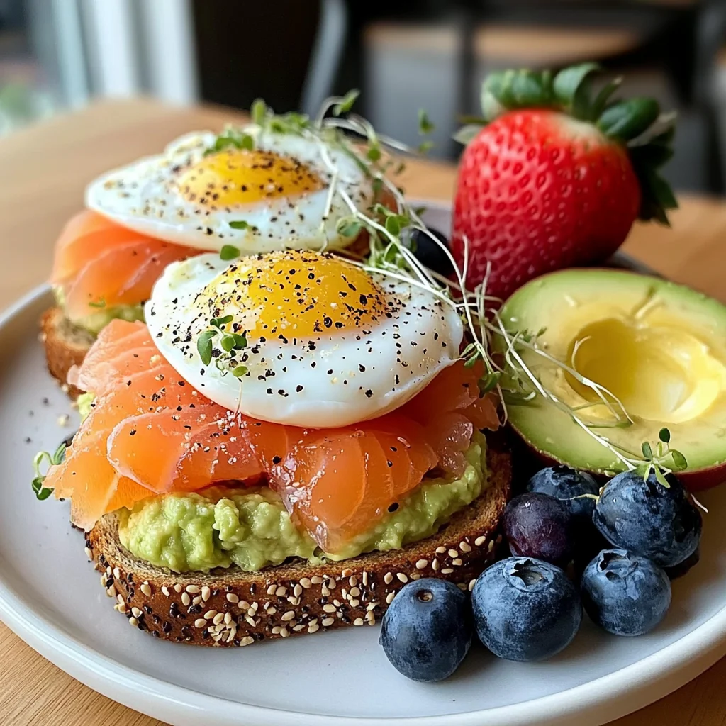 Smoked Salmon & Egg Avocado Toast Plate with Fresh Fruit & Tea